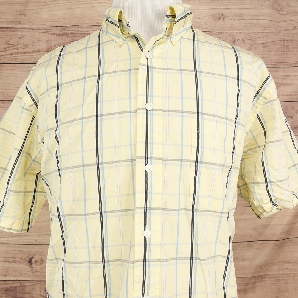 Roundtree & Yorke Button Down Shirt Mens XL Yellow Plaid Excellent Short Sleeve
